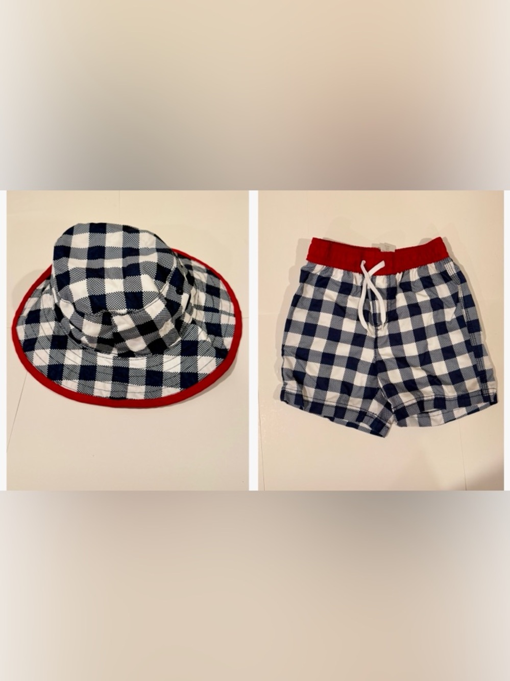 Kids Swim Trunks and Hat Set Navy Gingham Size 18-24 months